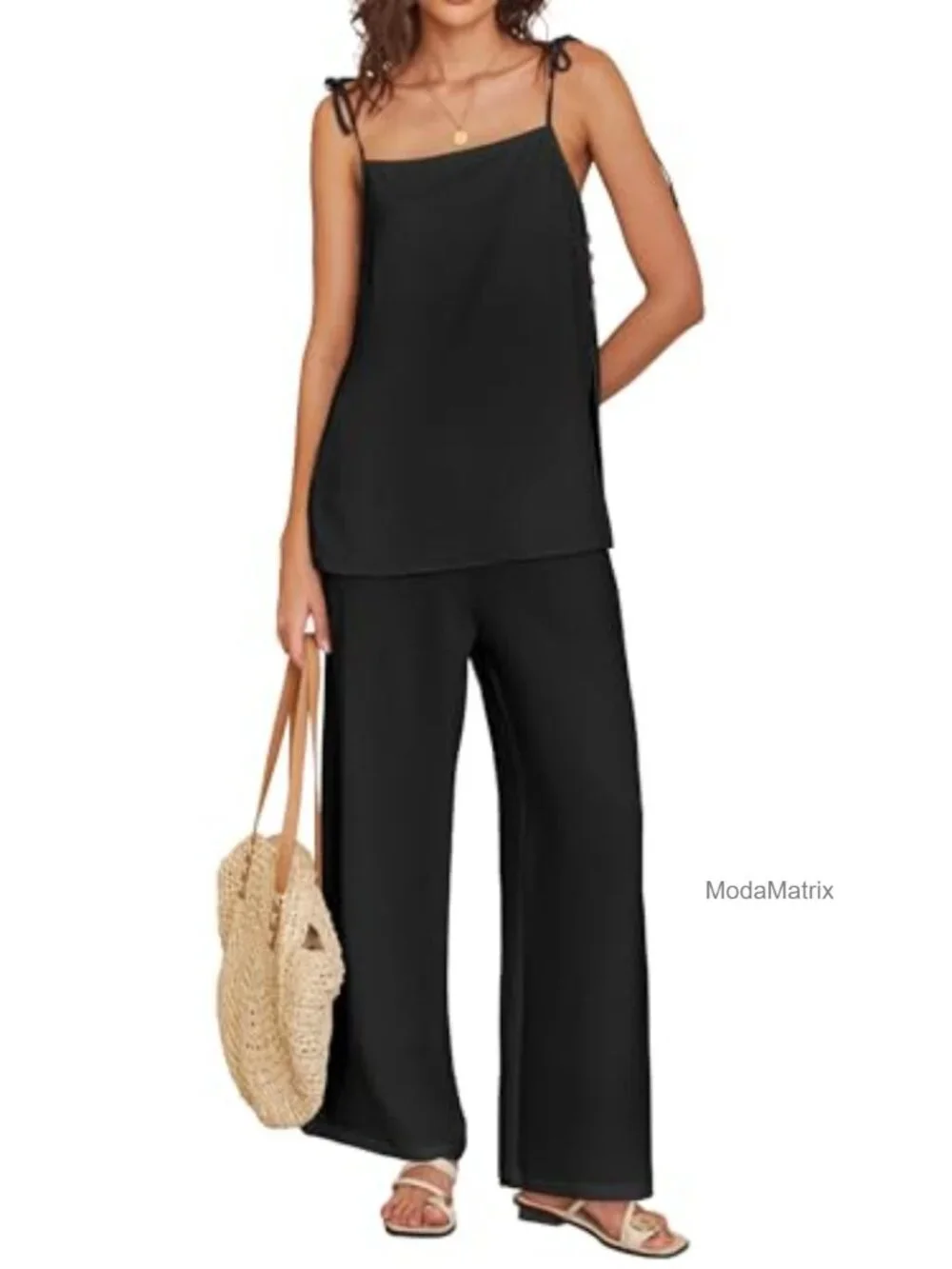 Women's 2 Piece Lounge Set Sleeveless Square Neck Top Wide Leg Pants with